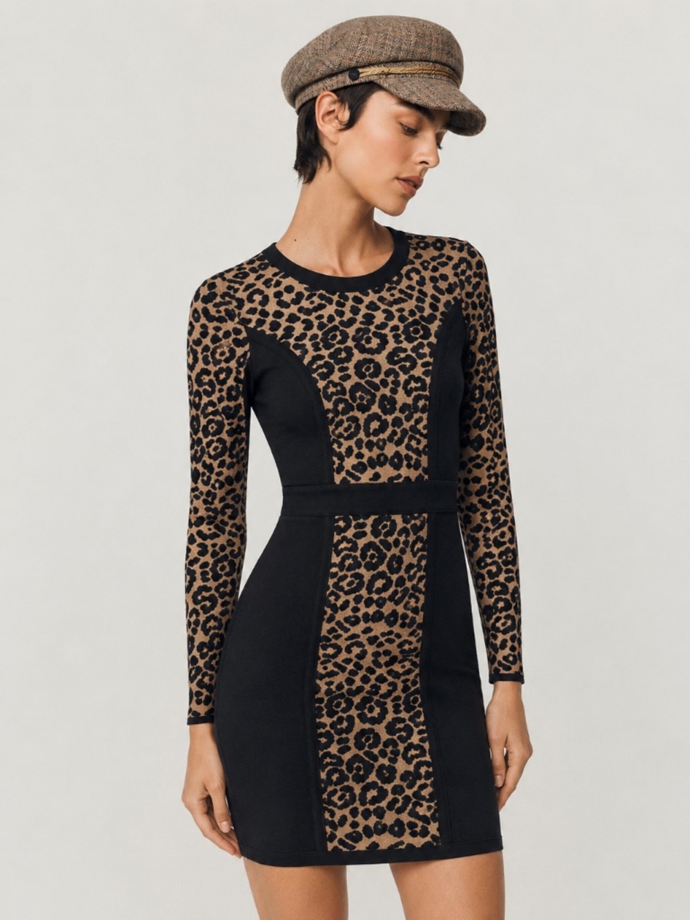 MILLY Cheetah Solid Long-Sleeve Knit Sheath Dress Black Camel
